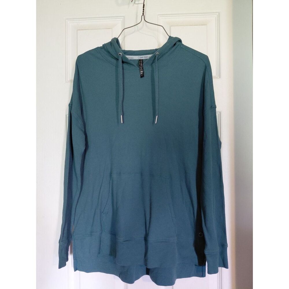Calvin Klein Performance Women M Teal Waffle Knit Hoodie Tunic Sweatshirt